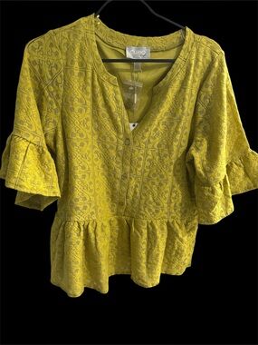 Neiman Marcus Yellow Lace Button-Front Peplum 3/4 sleeves Blouse Sz Large